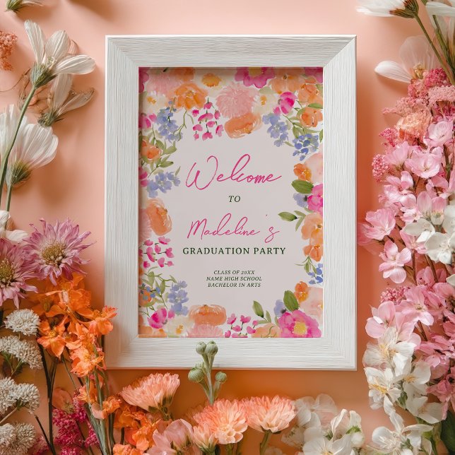Poster Boho Peach Pink Floral Graduation Party Bienvenue (Boho Peach Pink Floral Graduation Party Welcome Poster)