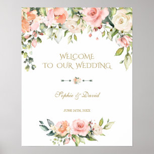 Poster Boho Pink Cream Flowers Welcome Mariage Sign