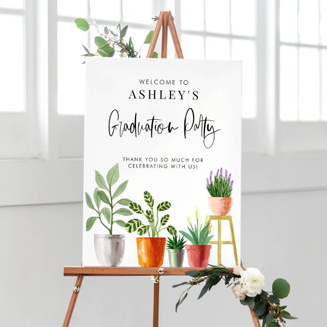 Poster Boho Poted Houseplants Graduation Party Bienvenue (Customizable boho graduation party welcome sign featuring watercolor potted houseplants. )