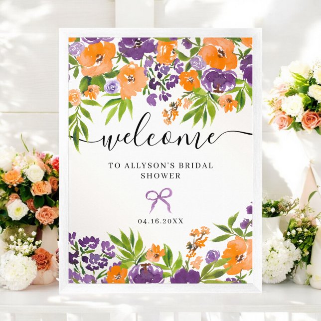 Poster Boho Purple Orange Floral Bienvenue (Boho Purple Orange Floral Bridal Welcome Poster)