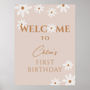 Poster Boho Retro Brown Daisy Girl Birthday Welcome