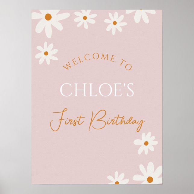 Poster Boho Retro Rose Daisy Girl Premier anniversaire Bi (Devant)