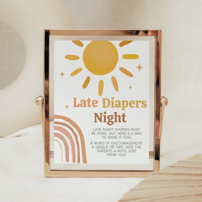 Poster Boho Retro Sunshine Baby shower Late Night Diapos (Here Comes the Sun Baby Shower Late Night Diapers Sign)