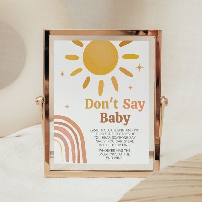Poster Boho Retro Sunshine Baby shower Ne pas dire bébé (Here Comes the Sun Baby Shower Don't Say Baby Sign)