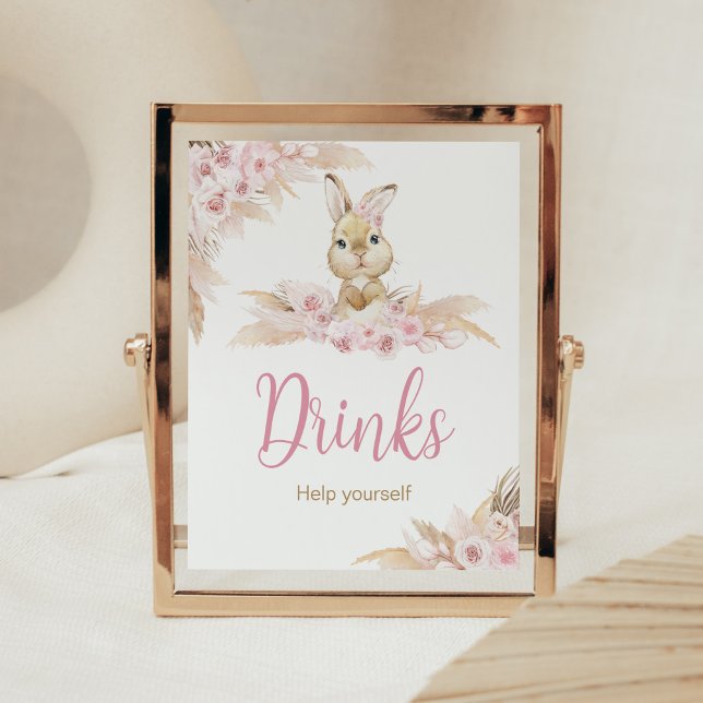 Poster Boho rose Baby shower Bunny Boissons (Pampas Grass Girl Bunny Baby Shower Drinks Sign)