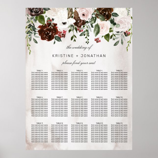 Poster Boho rose Bourgogne Rose aquarelle Mariage floral (Devant)