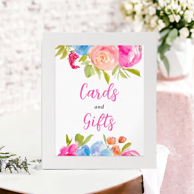 Poster Boho rose chic floral aquarelle signe nuptial (Pink blue Boho floral watercolor bridal sign)