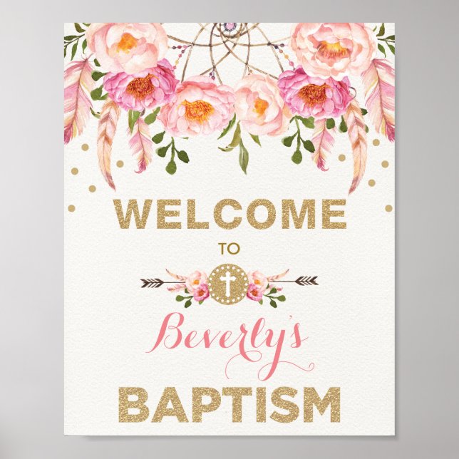 Poster Boho rose Dreamcatcher Floral Baptiser Bienvenue (Devant)