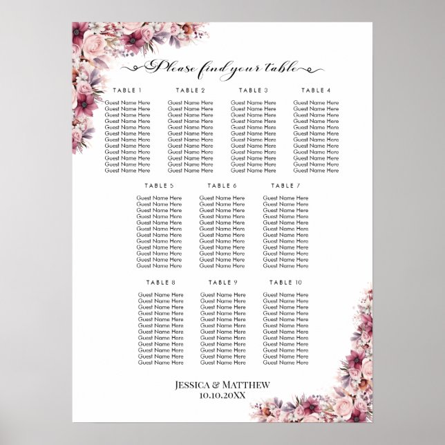 Poster Boho Rose Dusty Floral 10 Tables Siège Mariage (Devant)