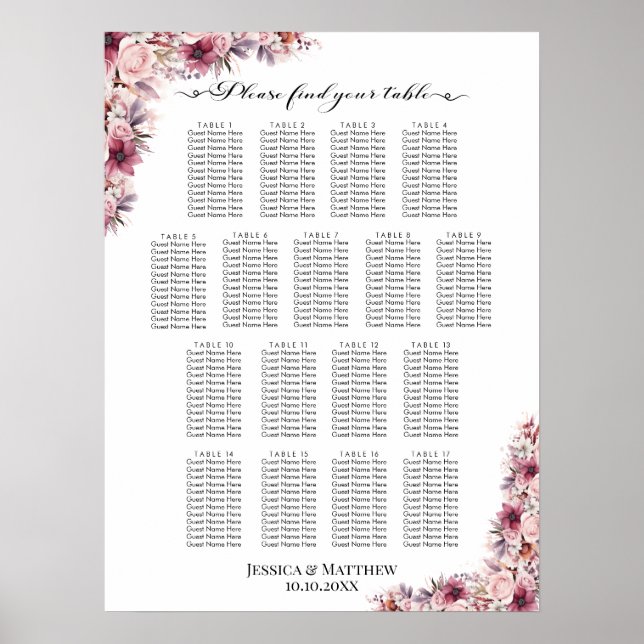 Poster Boho Rose Dusty Floral 17 Tables Siège Mariage (Devant)