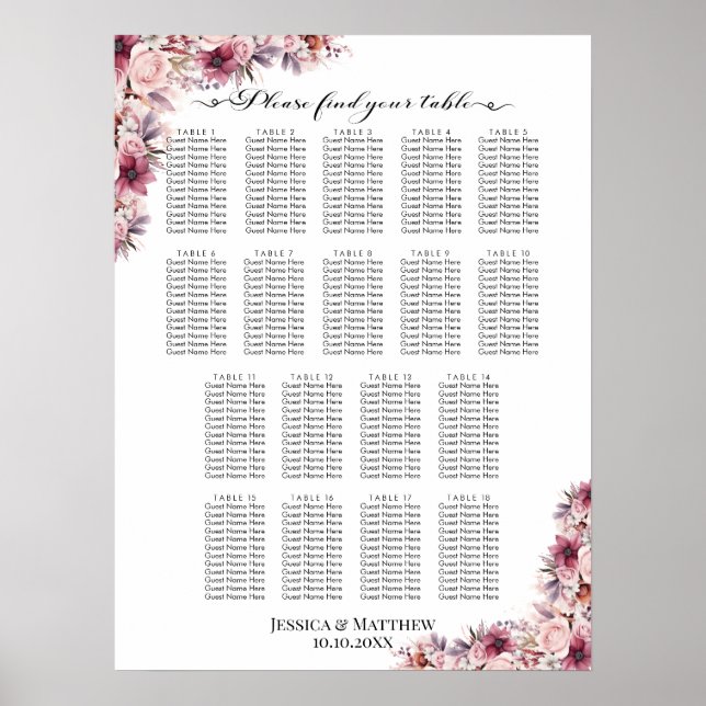 Poster Boho Rose Dusty Floral 18 Tables Siège Mariage (Devant)