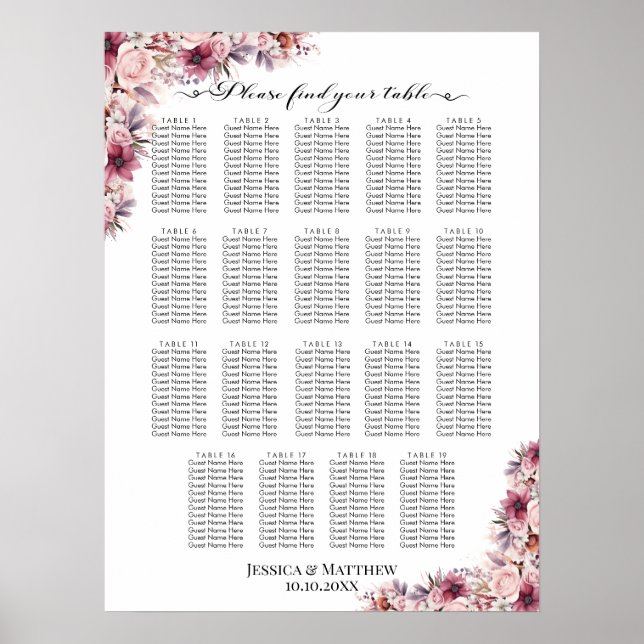 Poster Boho Rose Dusty Floral 19 Tables Siège Mariage (Devant)