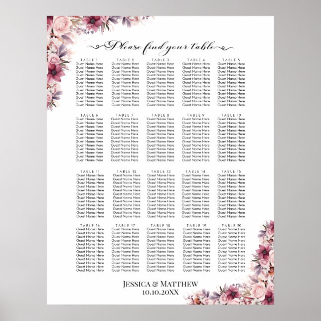 Poster Boho Rose Dusty Floral 20 Tables Siège Mariage (Devant)