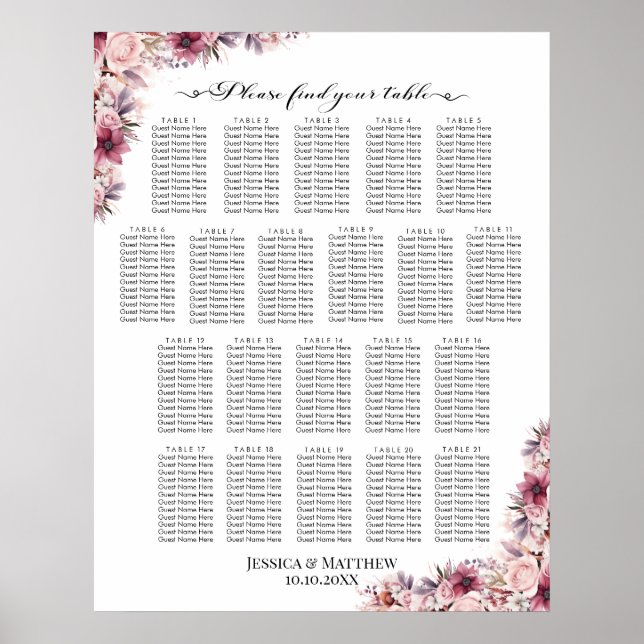 Poster Boho Rose Dusty Floral 21 Tables Siège Mariage (Devant)