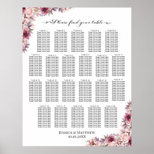 Poster Boho Rose Dusty Floral 22 Tables Siège Mariage