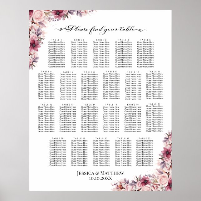 Poster Boho Rose Dusty Floral 22 Tables Siège Mariage (Devant)