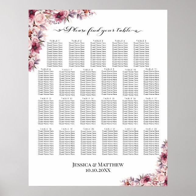 Poster Boho Rose Dusty Floral 23 Tables Siège Mariage (Devant)