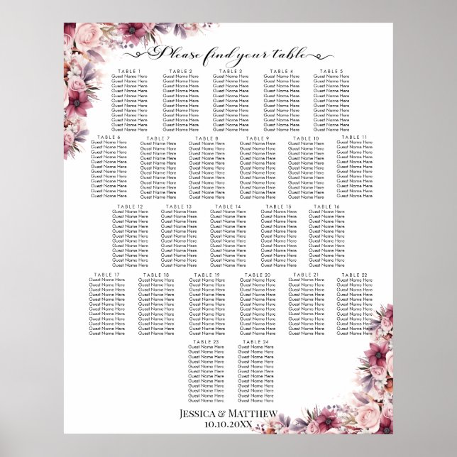 Poster Boho Rose Dusty Floral 24 Tables Siège Mariage (Devant)
