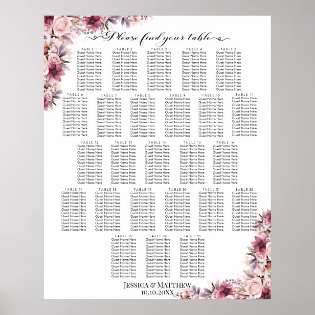 Poster Boho Rose Dusty Floral 25 Tables Siège Mariage (Devant)
