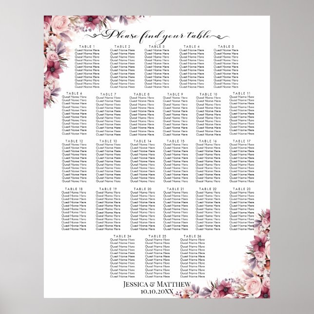 Poster Boho Rose Dusty Floral 26 Tables Siège Mariage (Devant)
