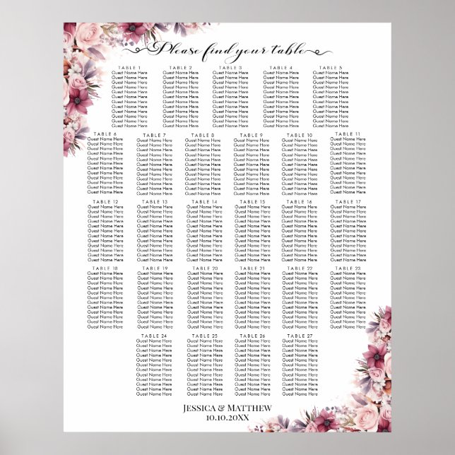 Poster Boho Rose Dusty Floral 27 Tables Siège Mariage (Devant)