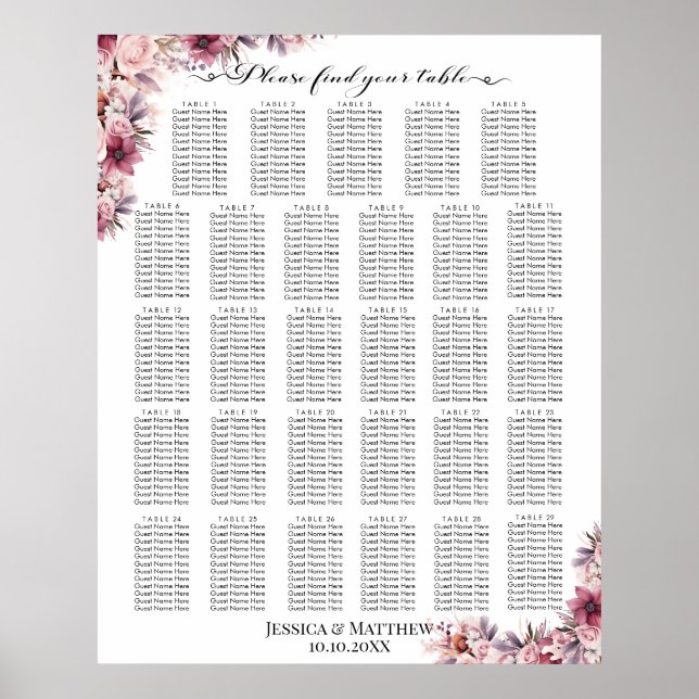 Poster Boho Rose Dusty Floral 29 Tables Siège Mariage (Devant)