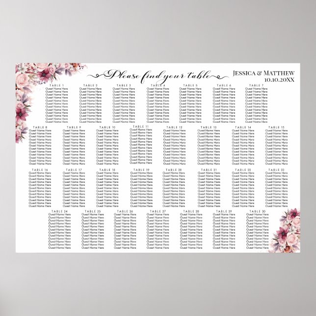 Poster Boho Rose Dusty Floral 30 Tables Siège Mariage (Devant)