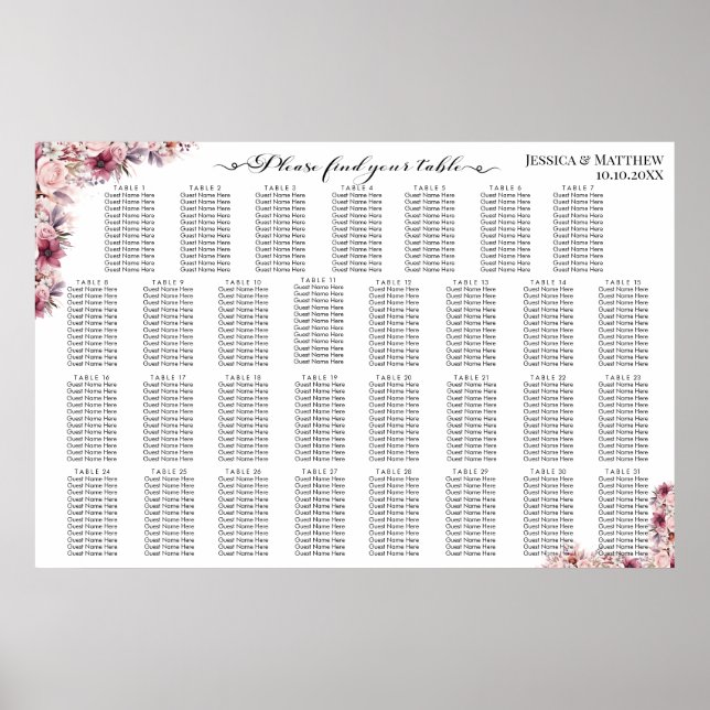 Poster Boho Rose Dusty Floral 31 Tables Siège Mariage (Devant)
