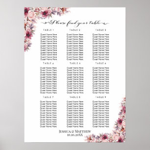 Poster Boho Rose Dusty Floral 9 Tables Siège Mariage