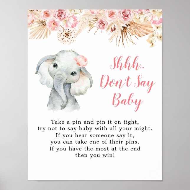 Poster Boho rose Elephant fille Baby shower ne pas dire b (Devant)