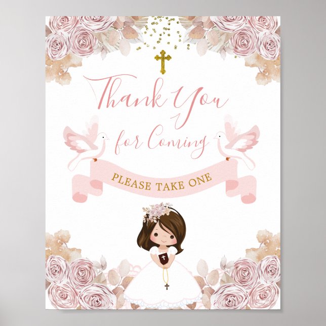 Poster Boho Rose Floral Girl 1er Saint Communion Merci (Devant)