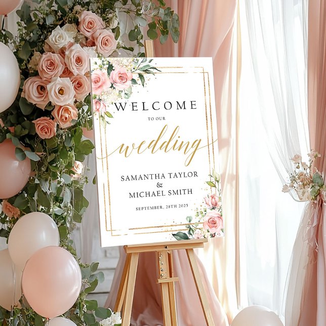 Poster Boho rose floral mariage de bienvenue (Boho blush pink floral wedding welcome poster sign)