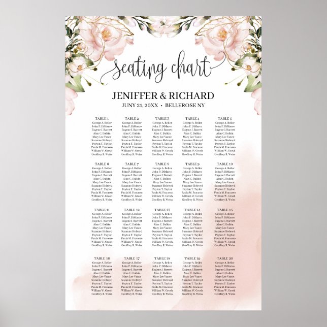 Poster Boho rose floral or mariage carte de sièges (Devant)