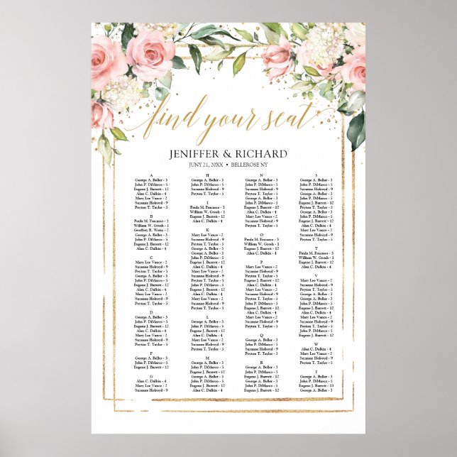 Poster Boho rose floral or mariage carte de sièges (Devant)