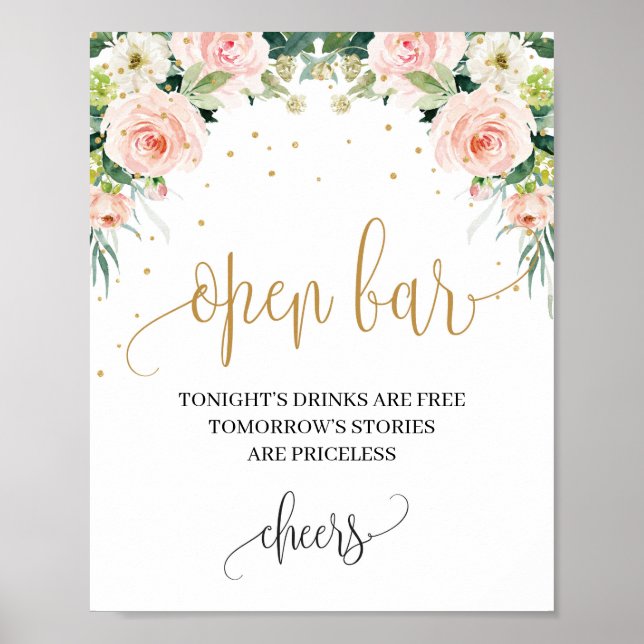 Poster Boho rose floral or mariage ouvert signe bar (Devant)