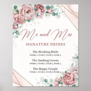 Poster Boho rose poudré floral or boissons de signature e