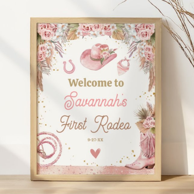 Poster Boho rose Premier Rodéo 1er Anniversaire 16x20 Bie (Pink Boho First Rodeo 1st Birthday 16x20 Welcome Poster)