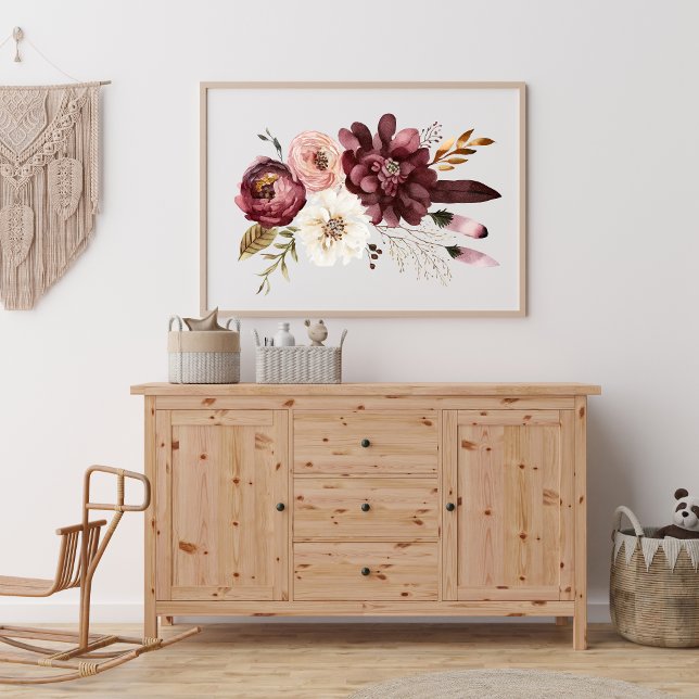 Poster Boho rose violet blanc floral (Purple Pink White Watercolor Floral Wall Art)