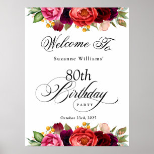 Poster Boho Rustic Watercolor Floral 80e fête d'anniversa