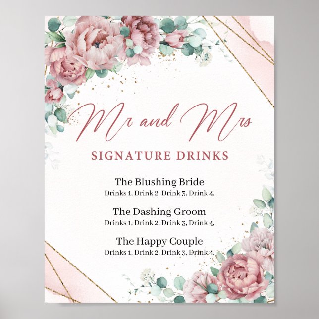 Poster Boho signe de boissons de signature florales rose  (Devant)