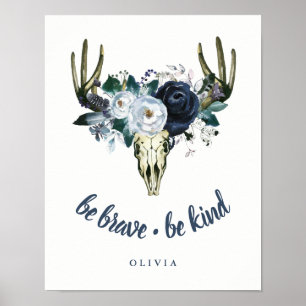 Poster Boho Skull and Blue Peonies   Be Brave, Be Kind