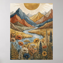 Boho Soleil Éclatant Montagne Rivière Lupin