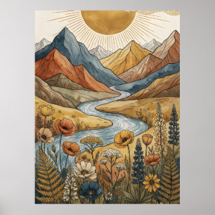 Poster Boho Soleil Éclatant Montagne Rivière Lupin