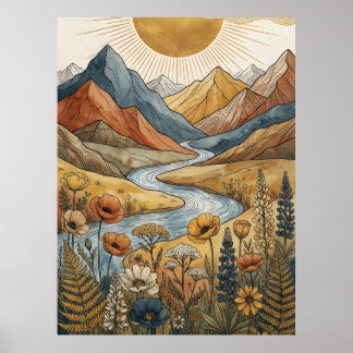 Poster Boho Soleil Éclatant Montagne Rivière Lupin