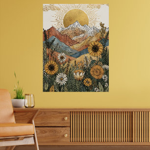 Poster Boho Soleil Éclaté Céleste Montagne Tournesol