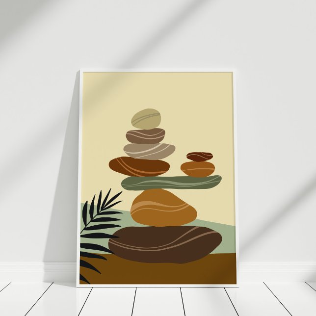 Poster Boho Terracotta Abstrait Zen Stones (Boho Terracotta Abstract Zen Stones Poster in white frame against white wall.)