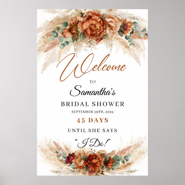 Poster Boho terracotta bordeaux pampas fleuris Compter ve (Devant)