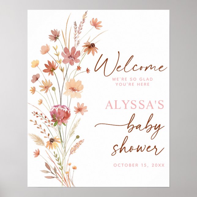 Poster Boho Terracotta Fleur sauvage Baby shower Bienvenu (Devant)