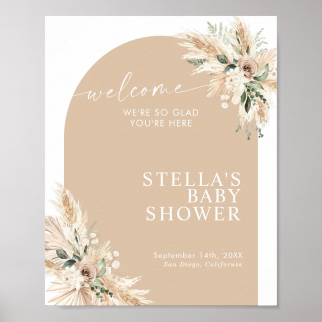 Poster Boho Terracotta Pampas Baby shower en herbe (Devant)