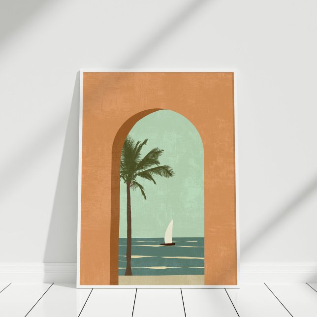 Poster Boho Terracotta Turquoise Illustration Côtière Art (Boho Terracotta Teal Coastal Illustration Art Poster in a white frame against white wall.)